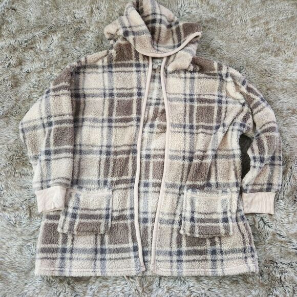Koolaburra by UGG Hooded Sherpa Sweater Blue and Brown Plaid Size‎ Medium - Picture 1 of 11
